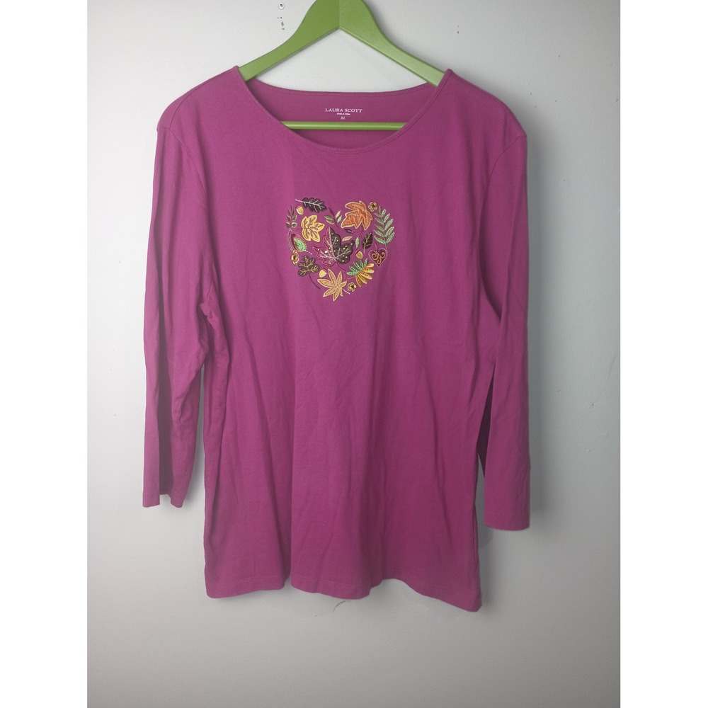 Laura Scott Womens Magenta Pink Cotton Embroidered Leaf Heart Top XL 3/4 Sleeve